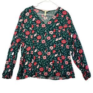 Matilda Jane Yesteryear Tunic Top Womens L Green Floral Button Down Long Sleeve